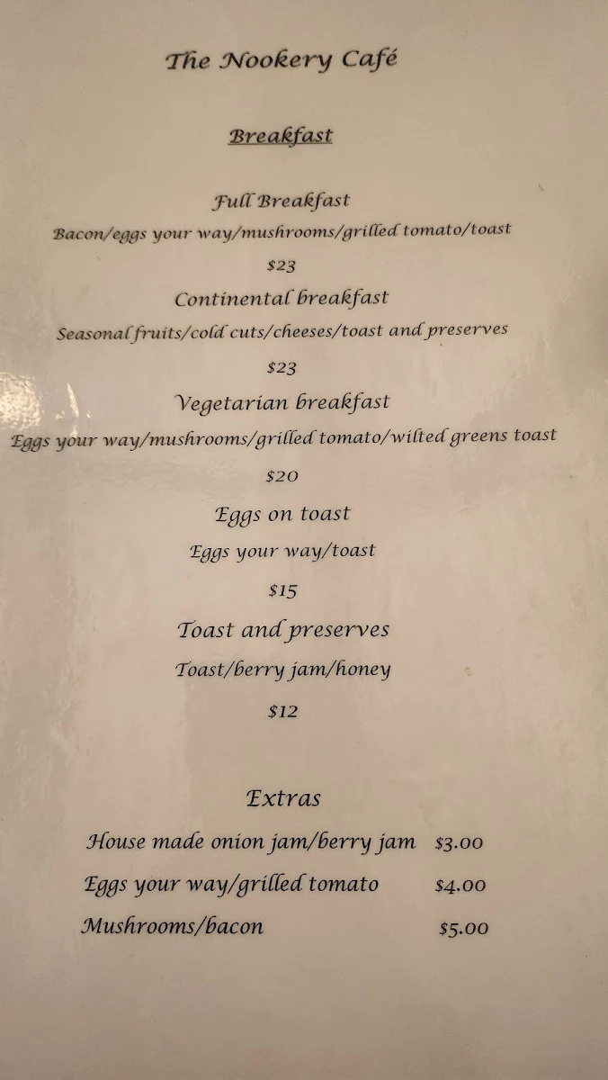 Menu, Nookery Cafe