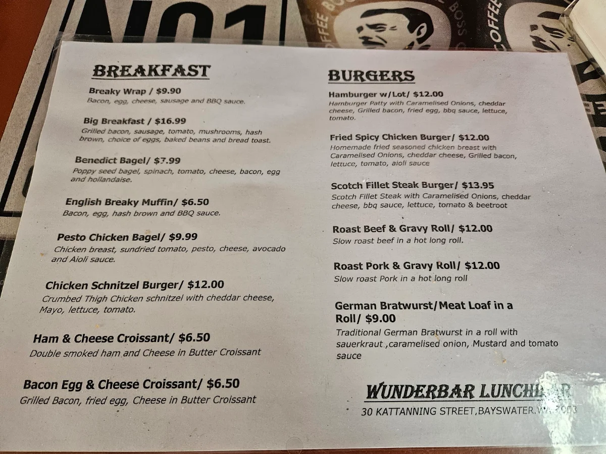 Menu, Wunderbar Lunch Bar