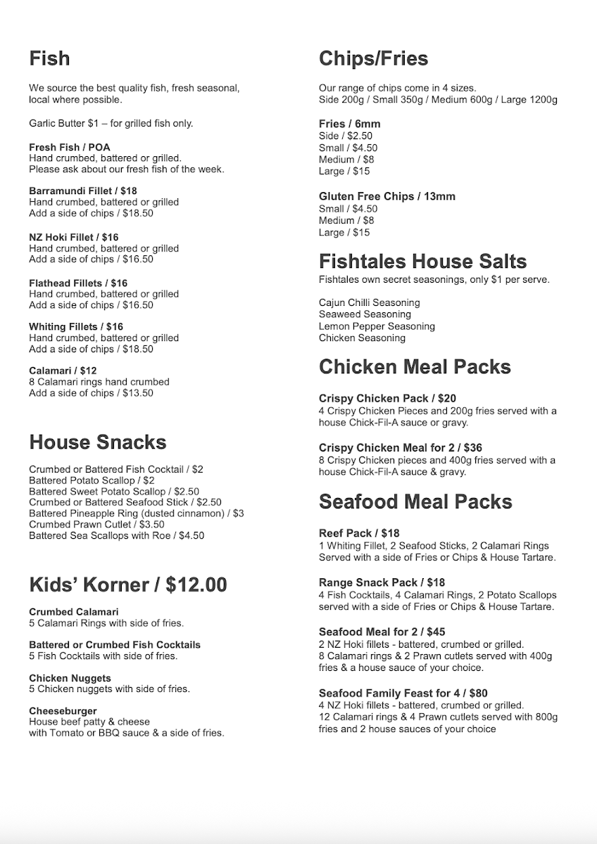 Menu, Fishtales Seafood Cafe