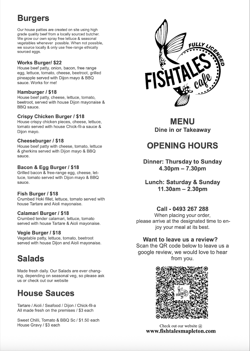 Menu, Fishtales Seafood Cafe