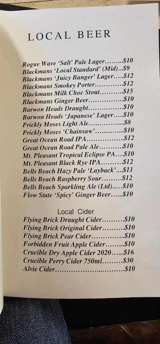 Menu, Geelong Cellar Door