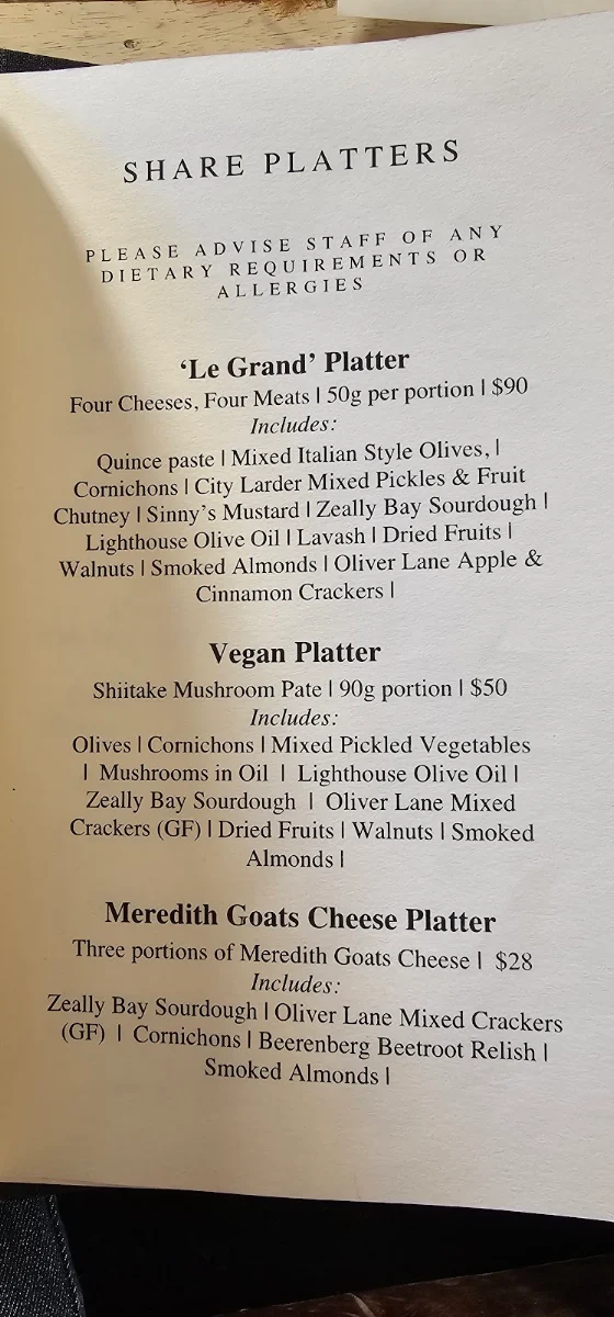 Menu, Geelong Cellar Door