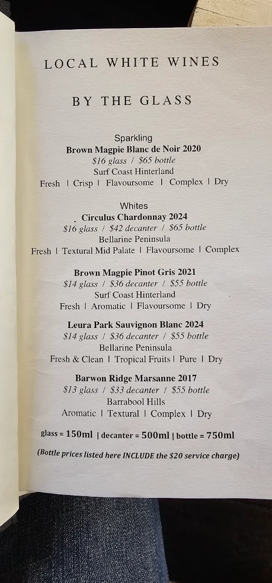 Menu, Geelong Cellar Door