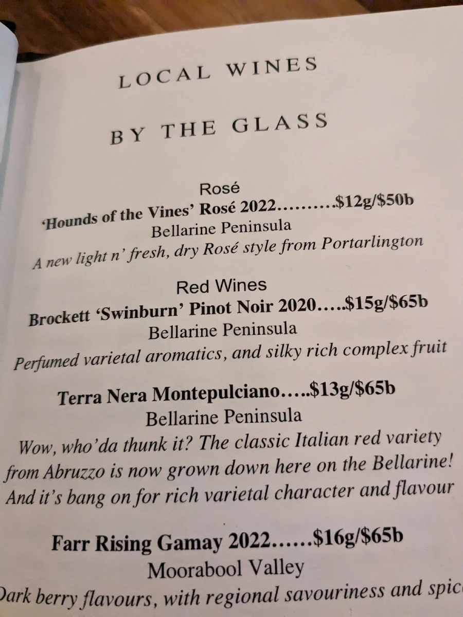 Menu, Geelong Cellar Door