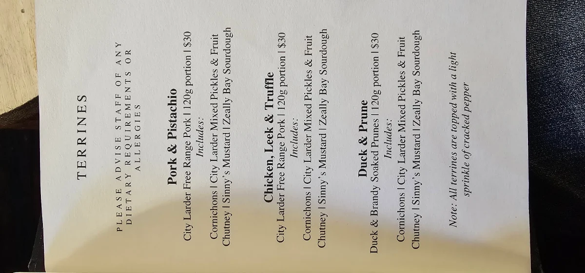 Menu, Geelong Cellar Door