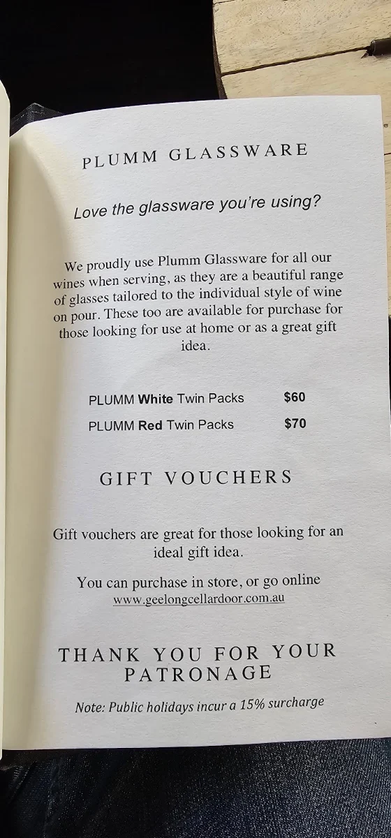 Menu, Geelong Cellar Door