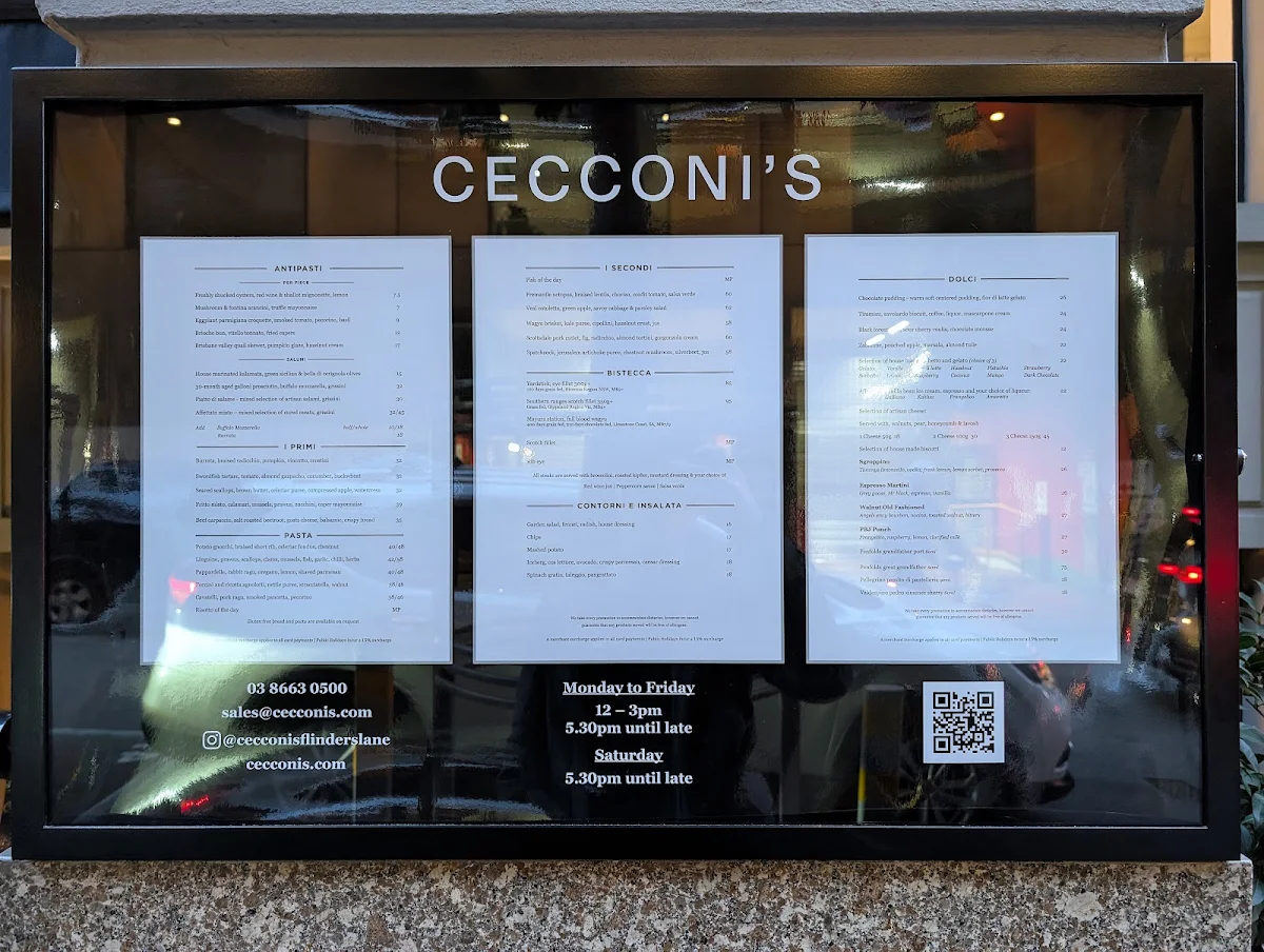 Menu, Cecconi's Flinders Lane