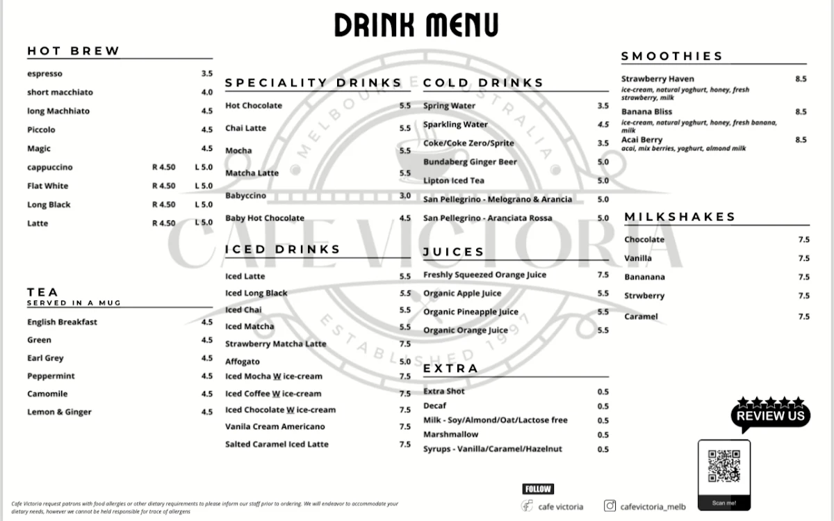 Menu, Cafe Victoria