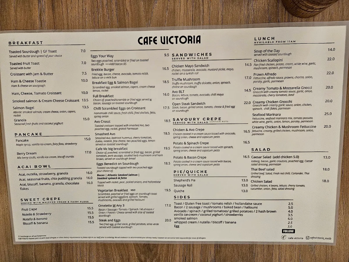 Menu, Cafe Victoria