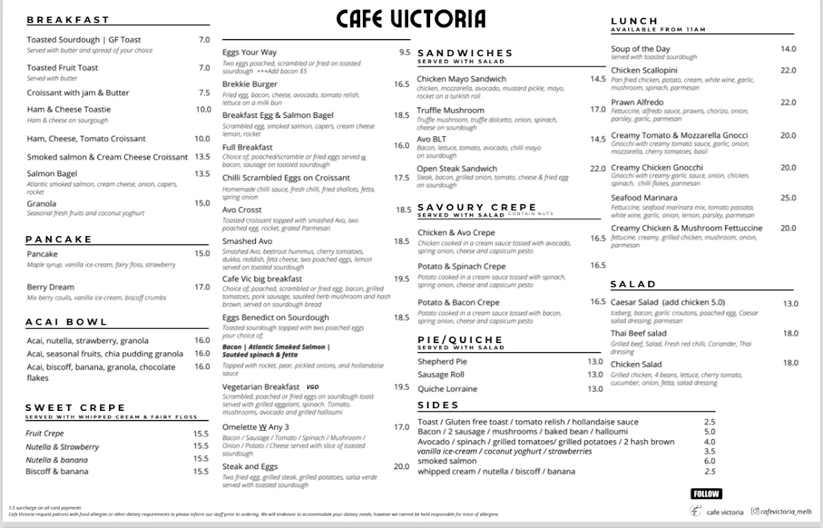 Menu, Cafe Victoria