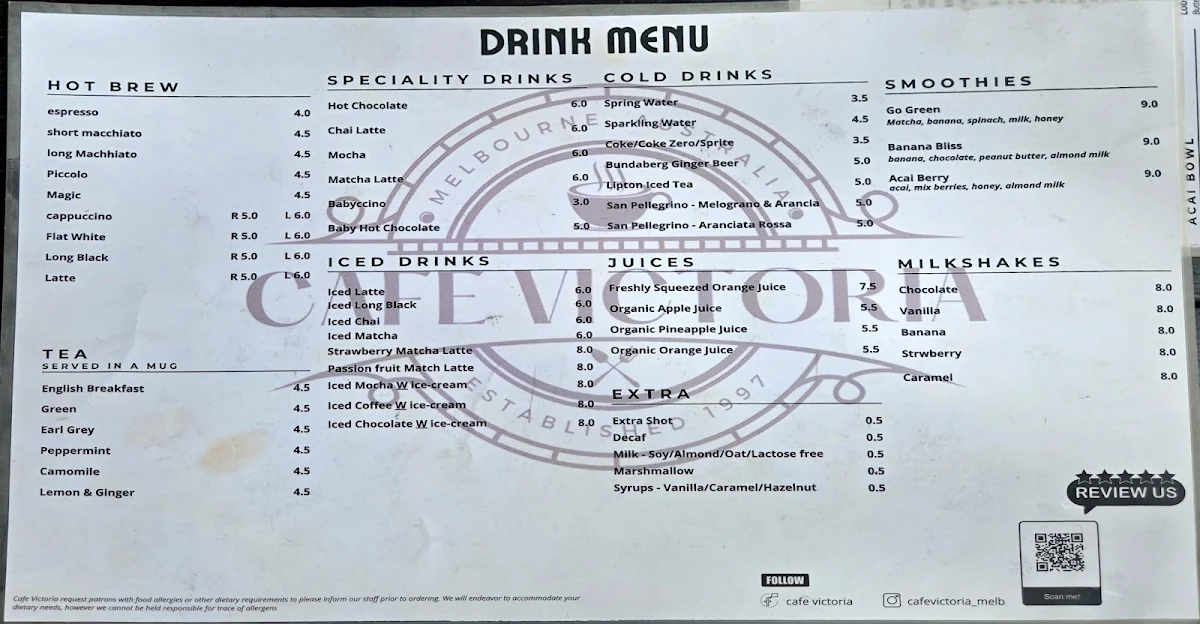 Menu, Cafe Victoria