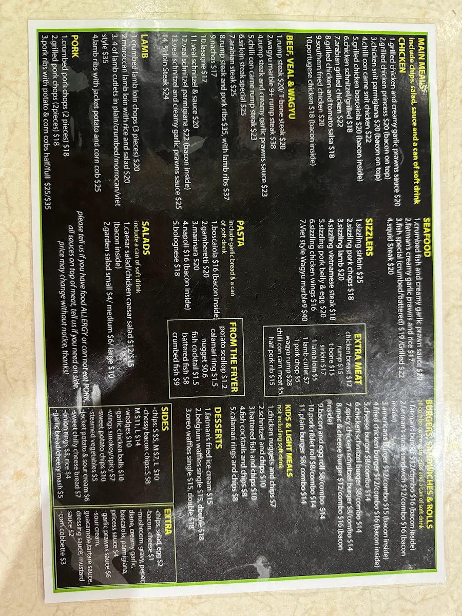 Menu, Fatman’s Steakhouse - St Johns Park