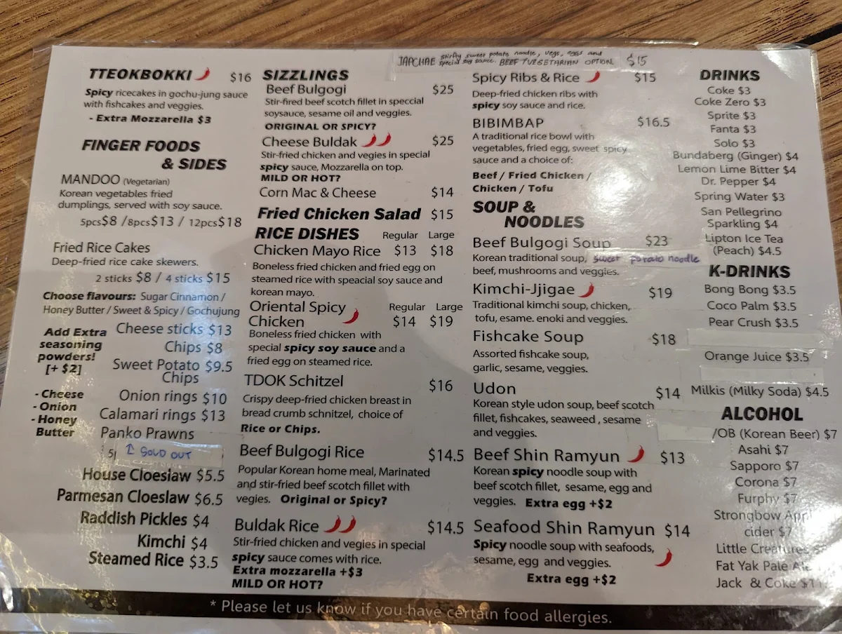 Menu, TDOK chicken (Korean fried chicken)