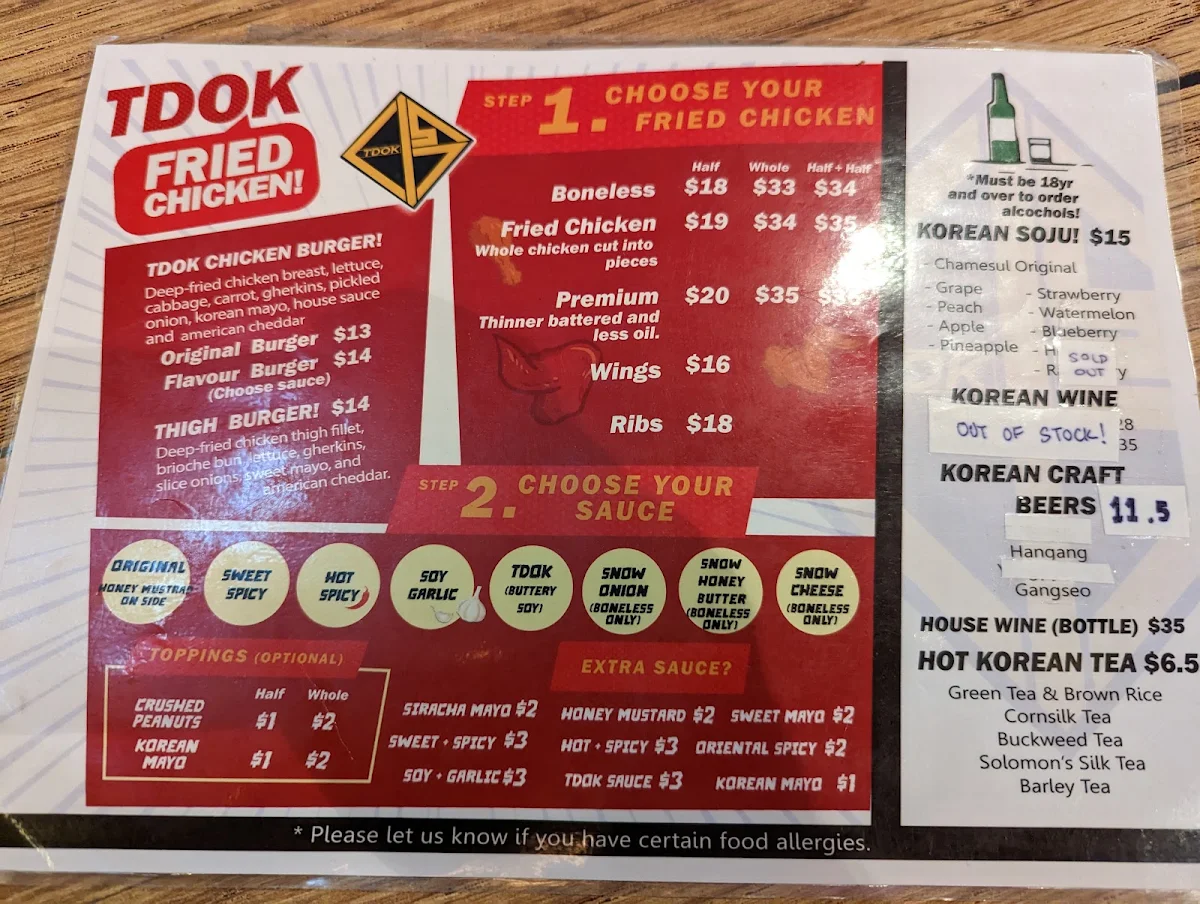 Menu, TDOK chicken (Korean fried chicken)