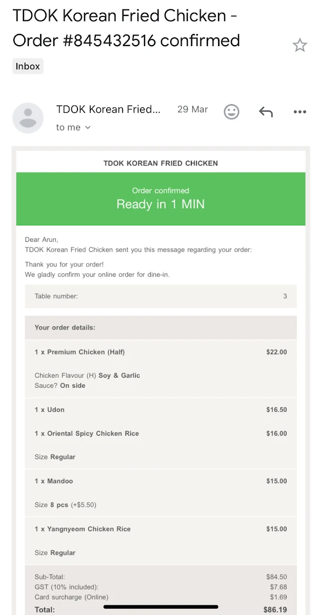 Menu, TDOK chicken (Korean fried chicken)