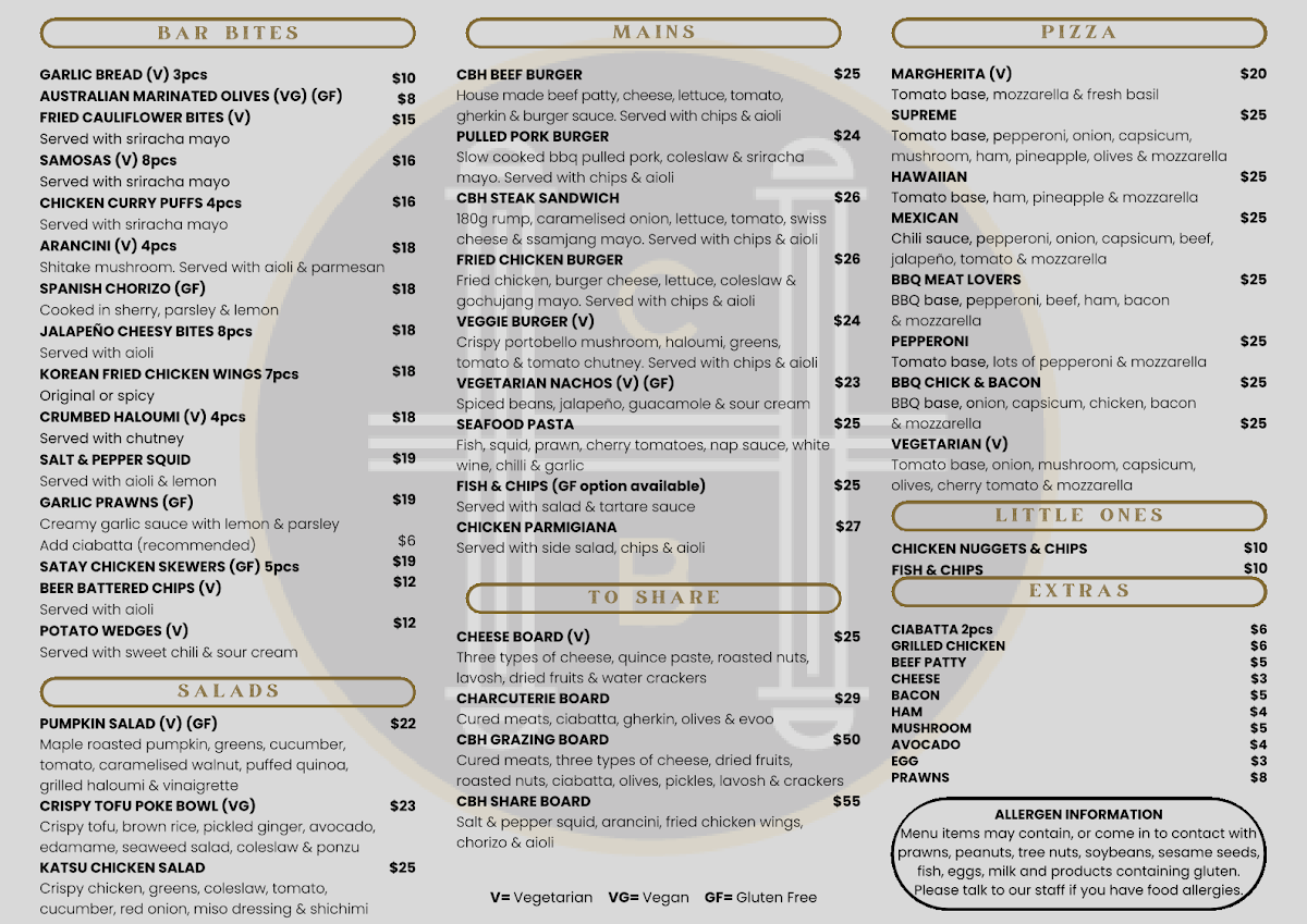 Menu, City Beer Hall Perth