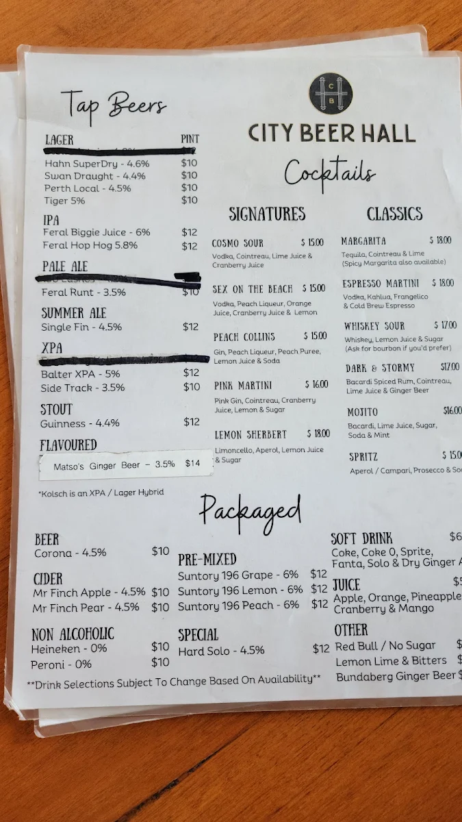 Menu, City Beer Hall Perth