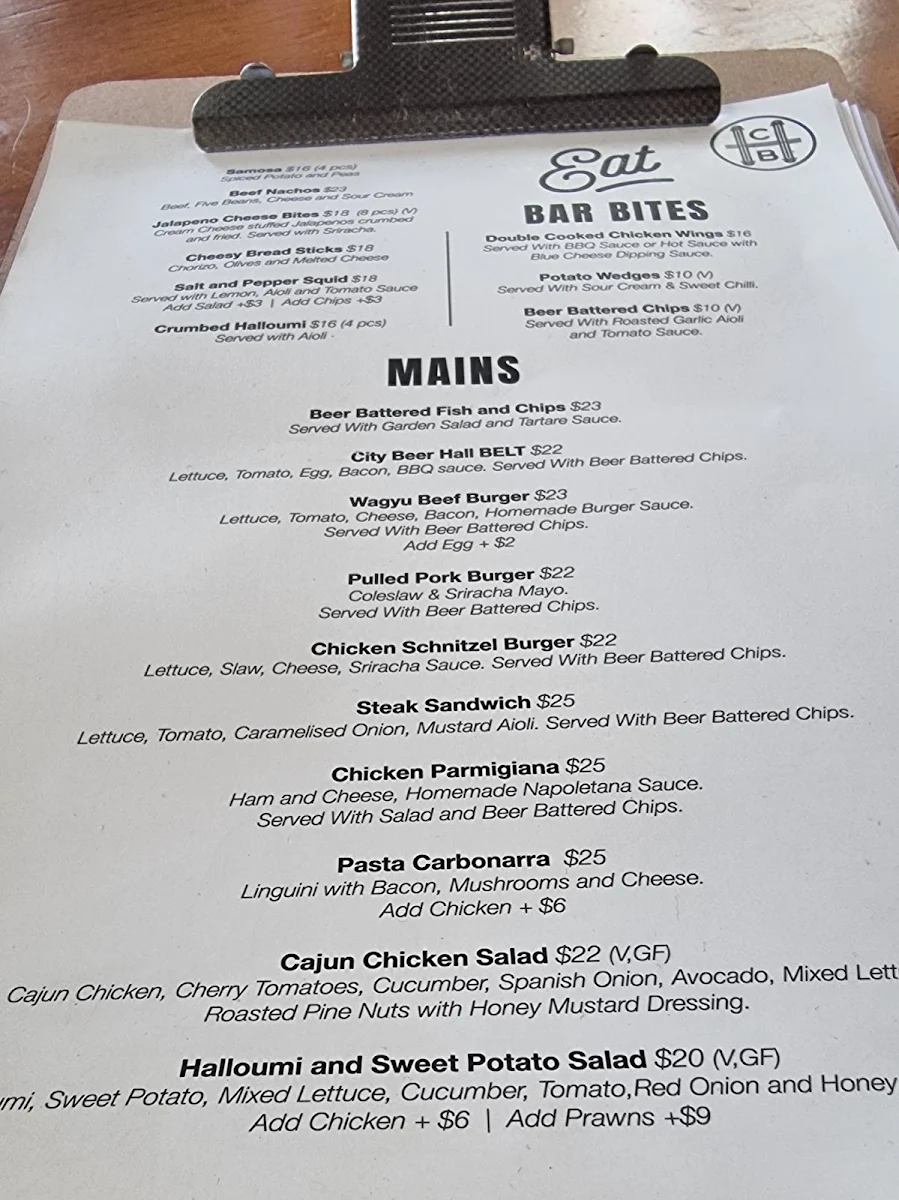 Menu, City Beer Hall Perth