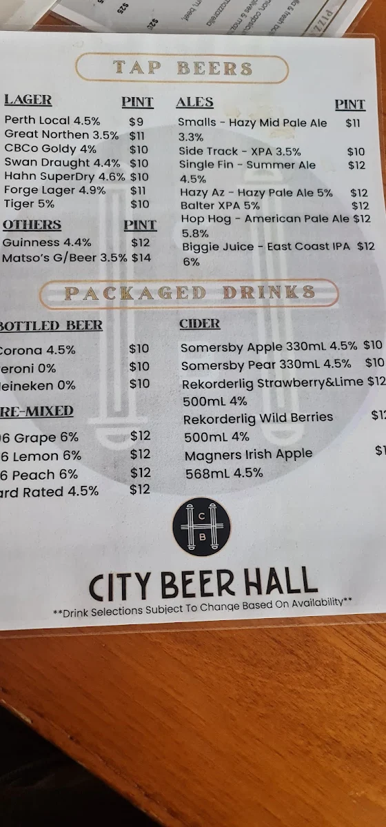 Menu, City Beer Hall Perth