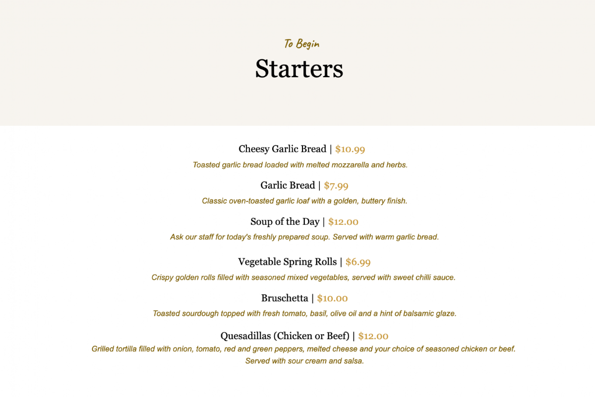 Menu, VS Lounge