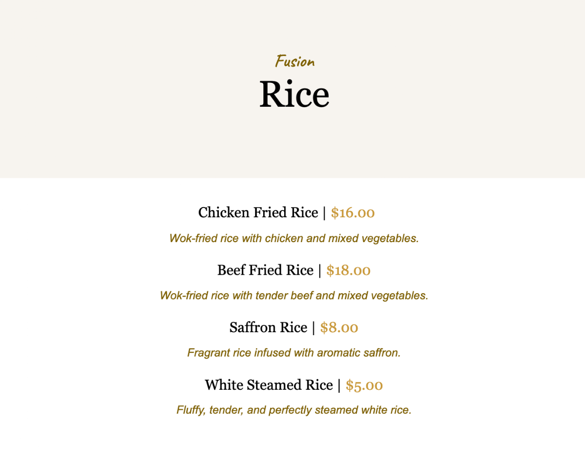 Menu, VS Lounge