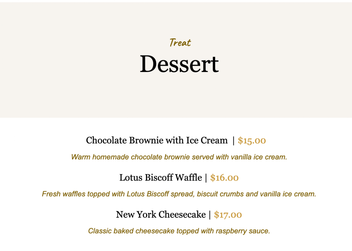 Menu, VS Lounge