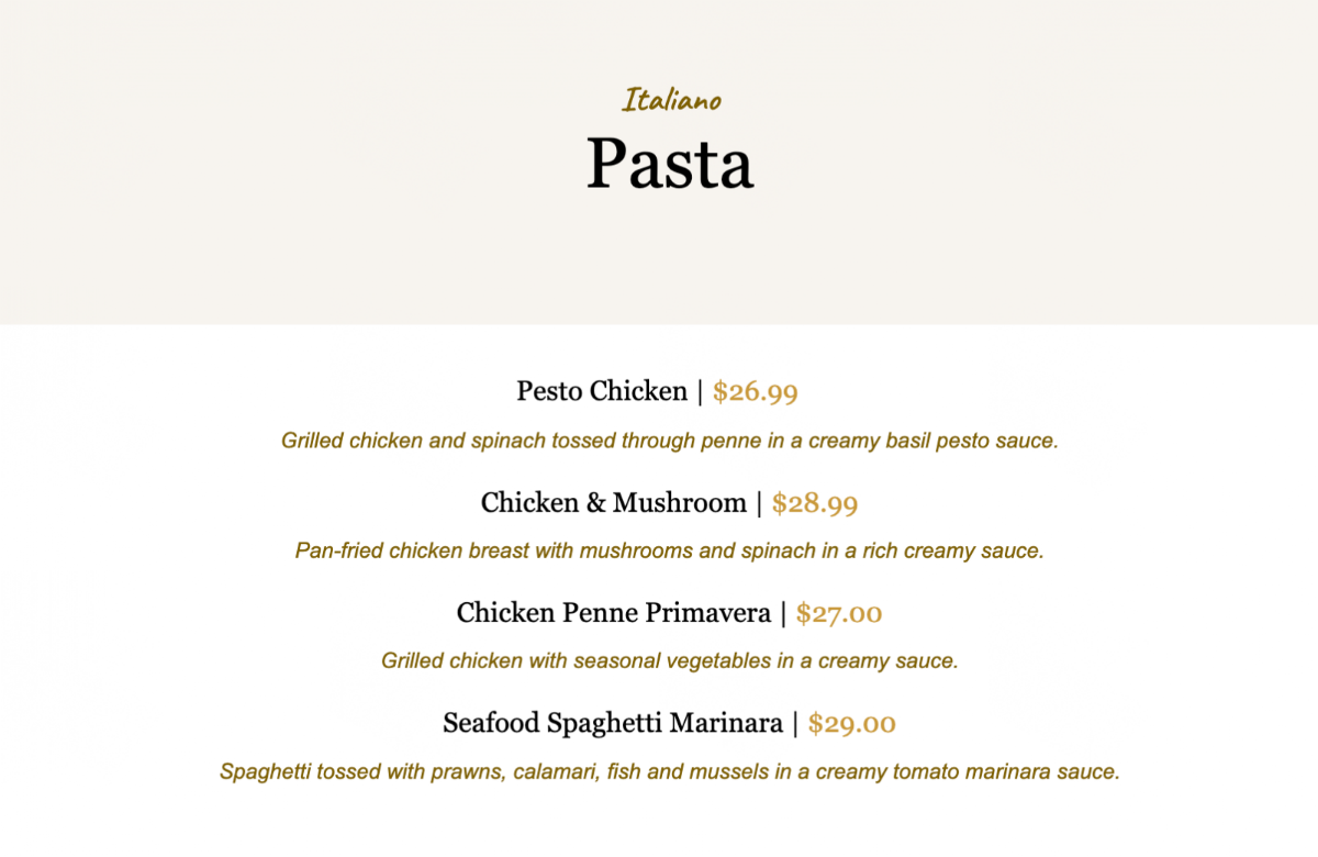Menu, VS Lounge