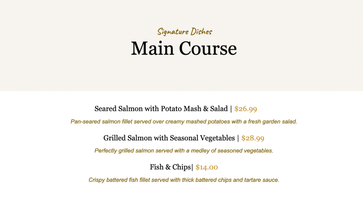 Menu, VS Lounge