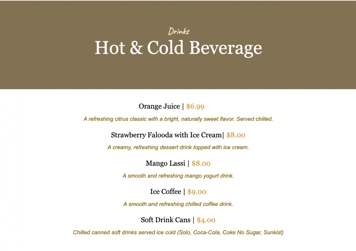 Menu, VS Lounge