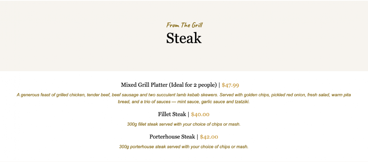 Menu, VS Lounge