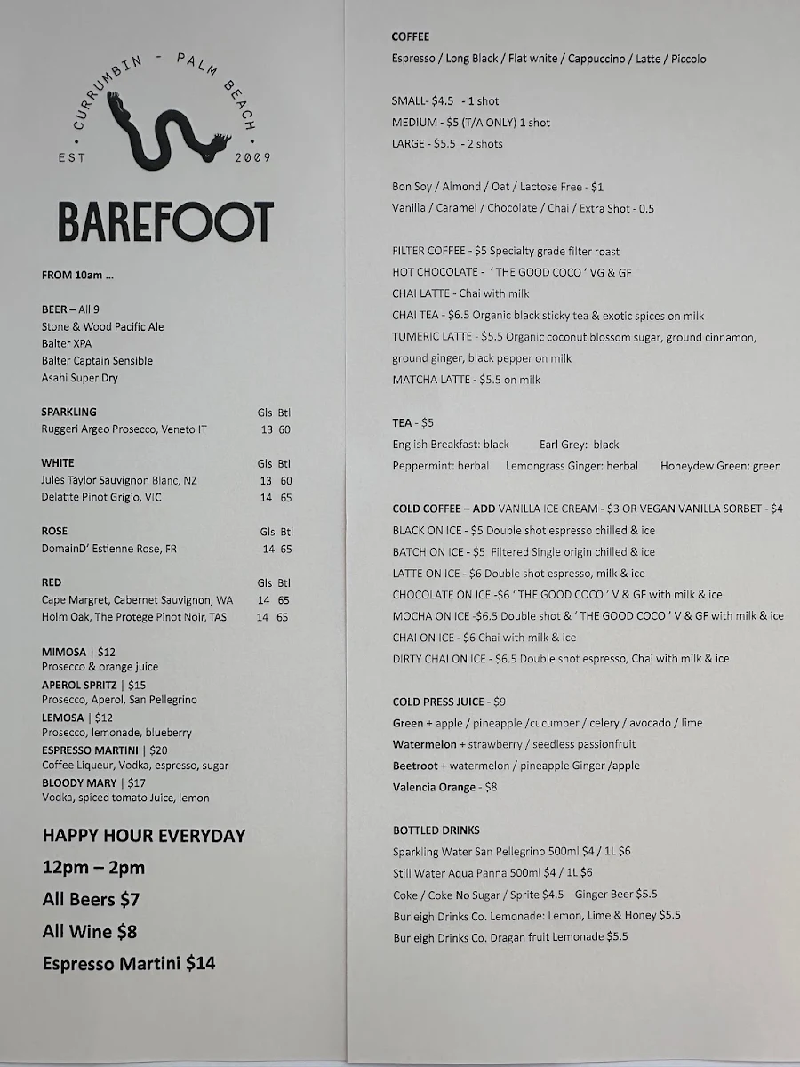 Menu, Barefoot Barista