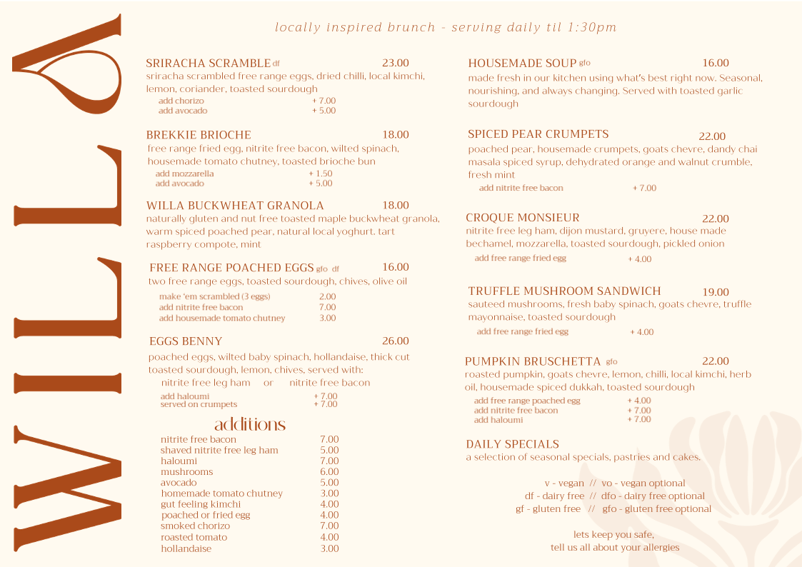 Menu, Willa Coffee Shop