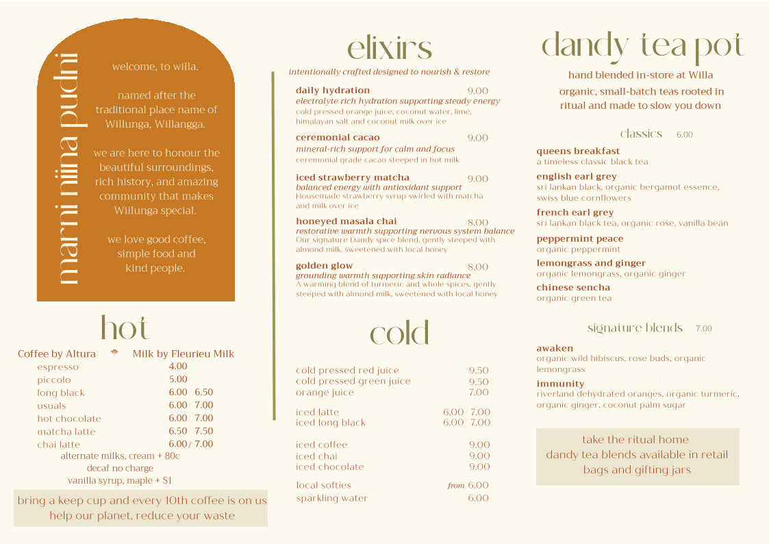 Menu, Willa Coffee Shop