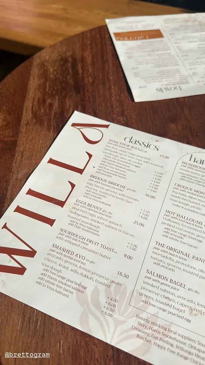 Menu, Willa Coffee Shop