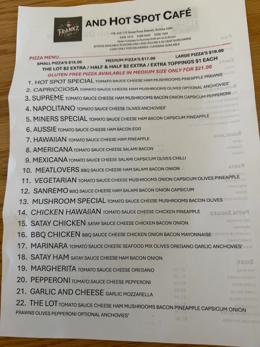 Menu, Frankz Cafe Stawell