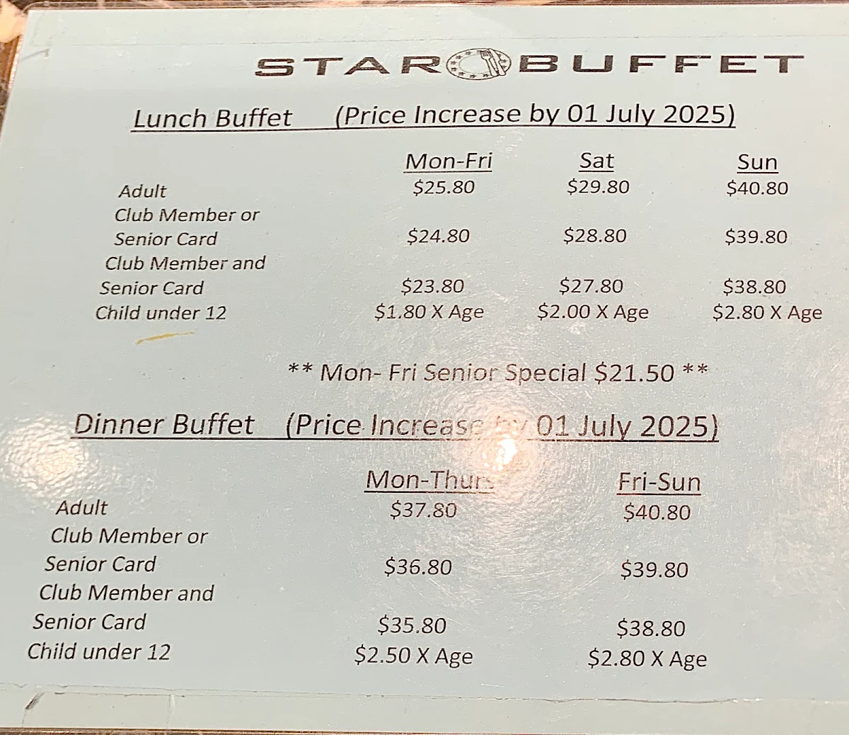 Menu, Bankstown Star Buffet