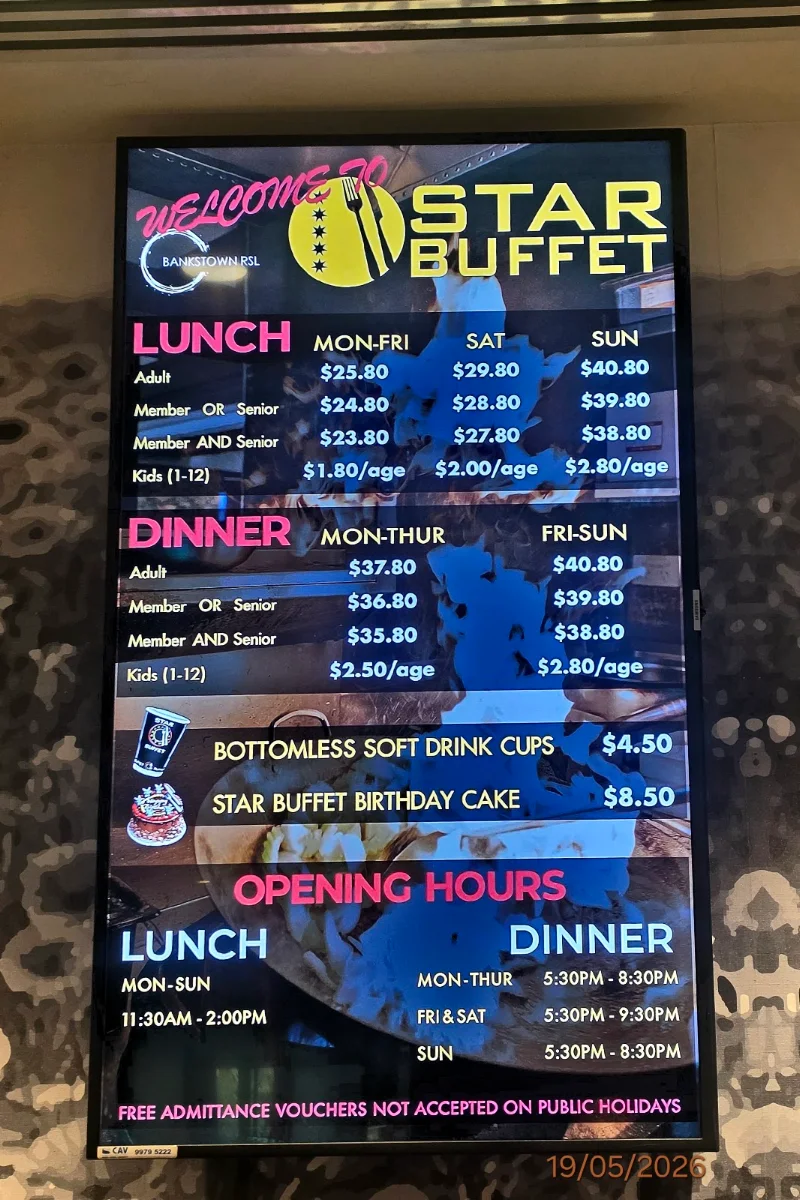 Menu, Bankstown Star Buffet
