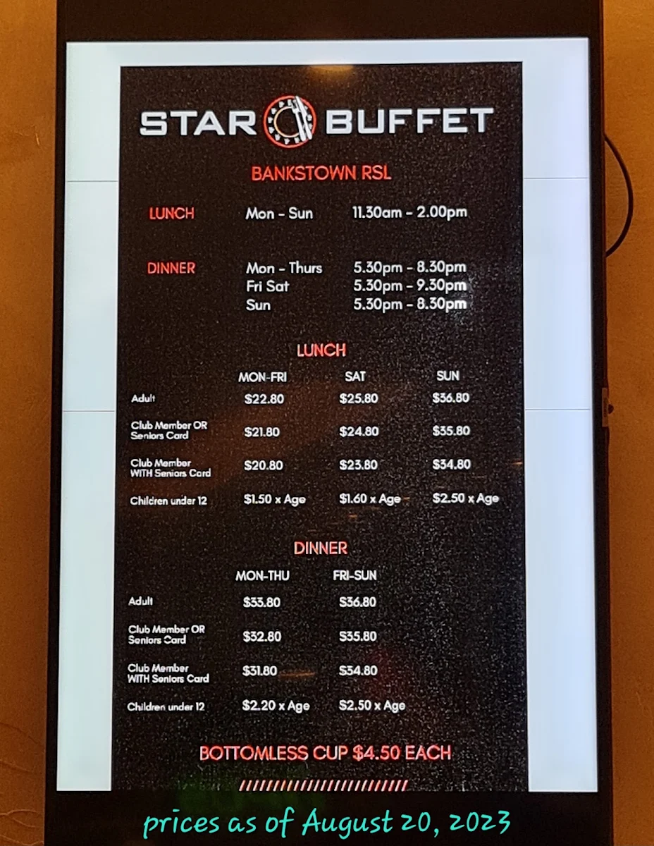 Menu, Bankstown Star Buffet