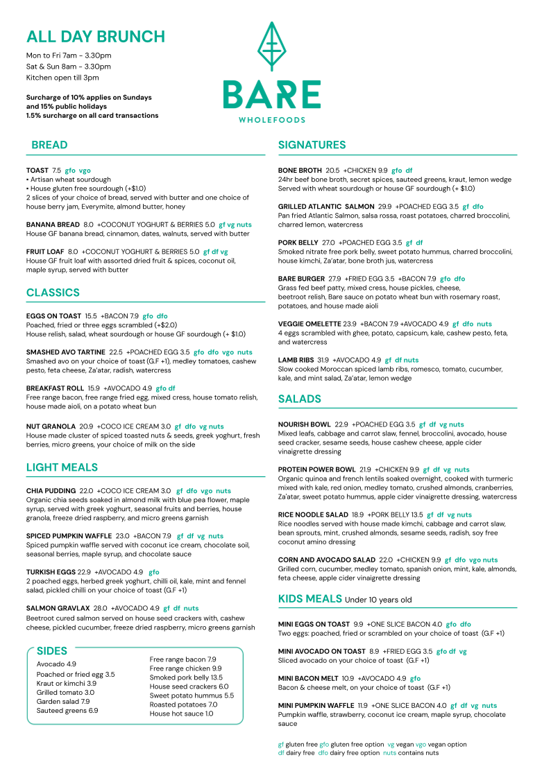 Menu, Bare Wholefoods Mona Vale