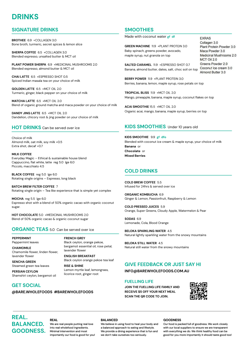 Menu, Bare Wholefoods Mona Vale
