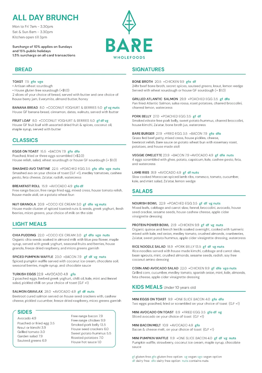 Menu, Bare Wholefoods Mona Vale