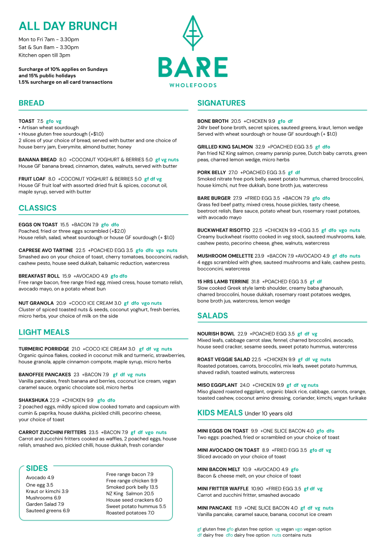 Menu, Bare Wholefoods Mona Vale