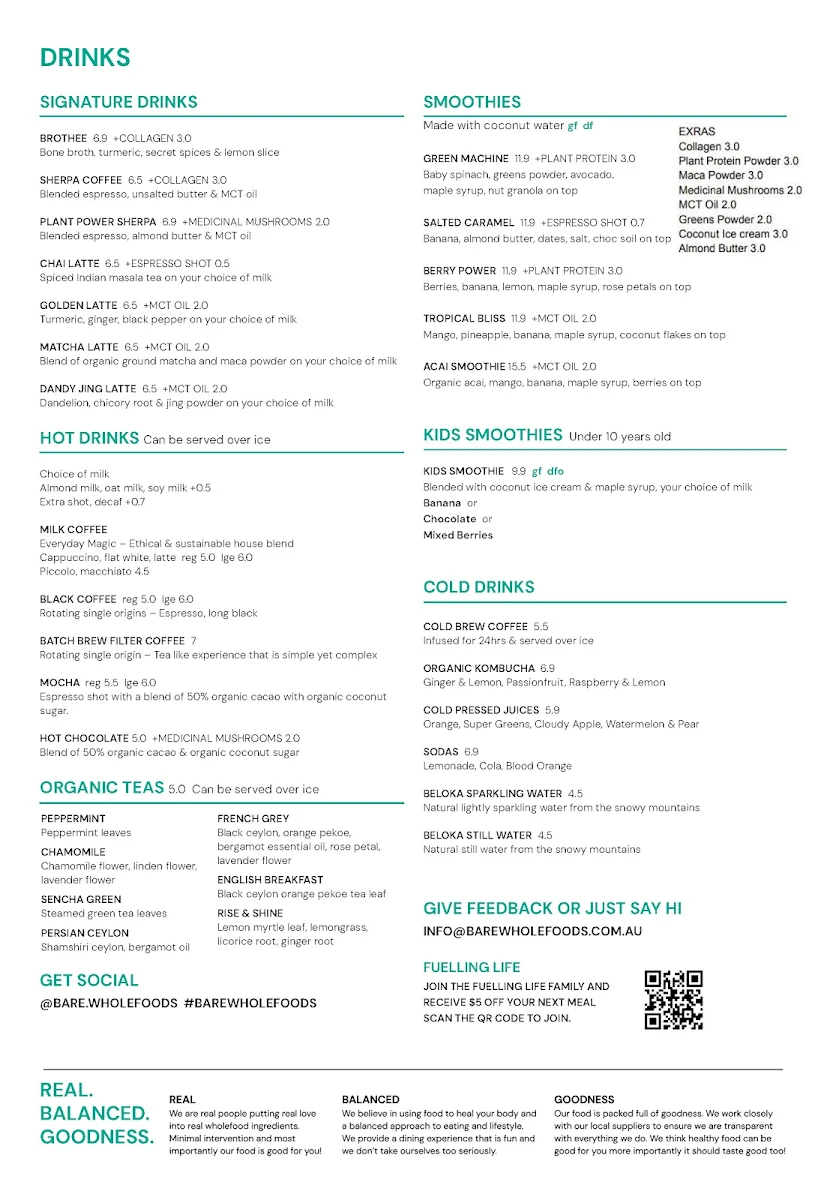 Menu, Bare Wholefoods Mona Vale