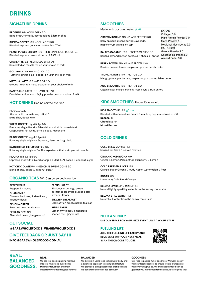 Menu, Bare Wholefoods Mona Vale