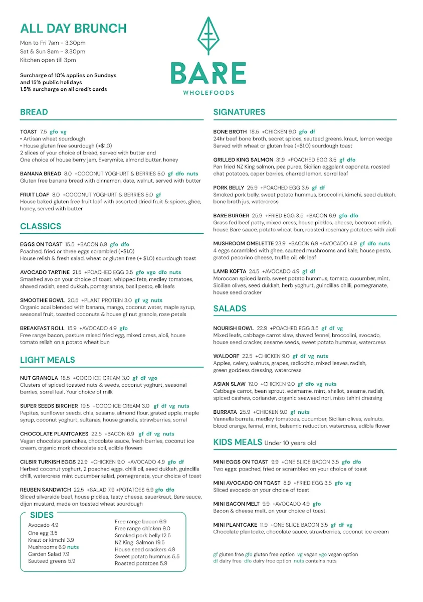 Menu, Bare Wholefoods Mona Vale