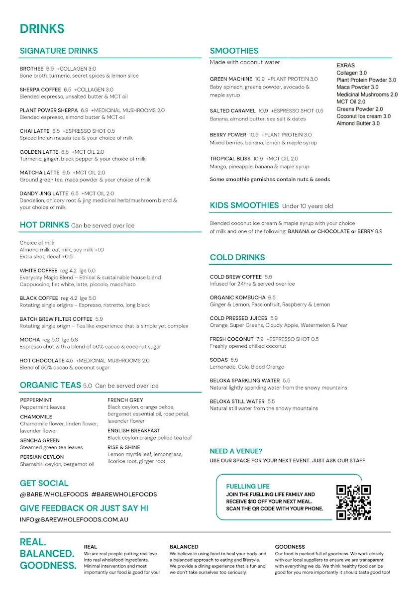Menu, Bare Wholefoods Mona Vale