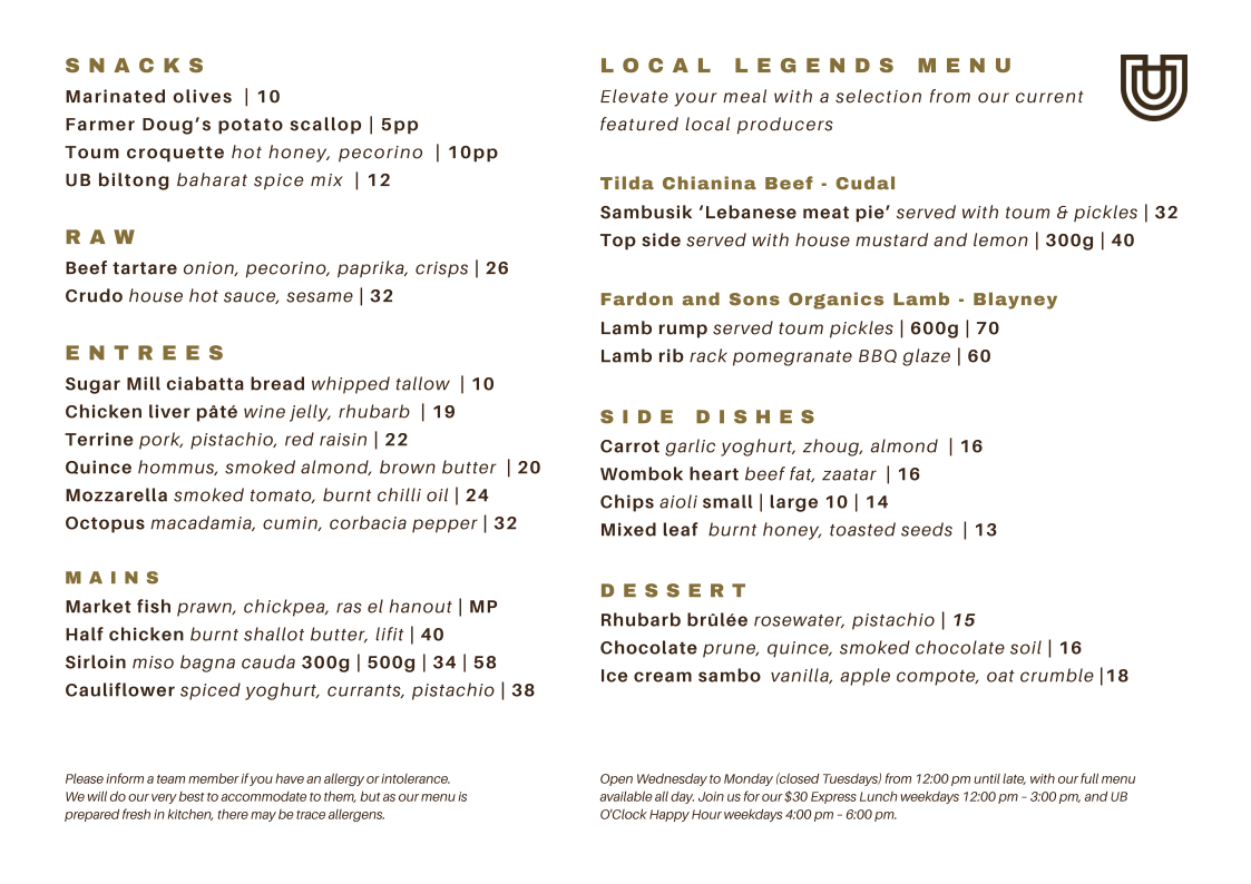 Menu, The Union Bank Orange