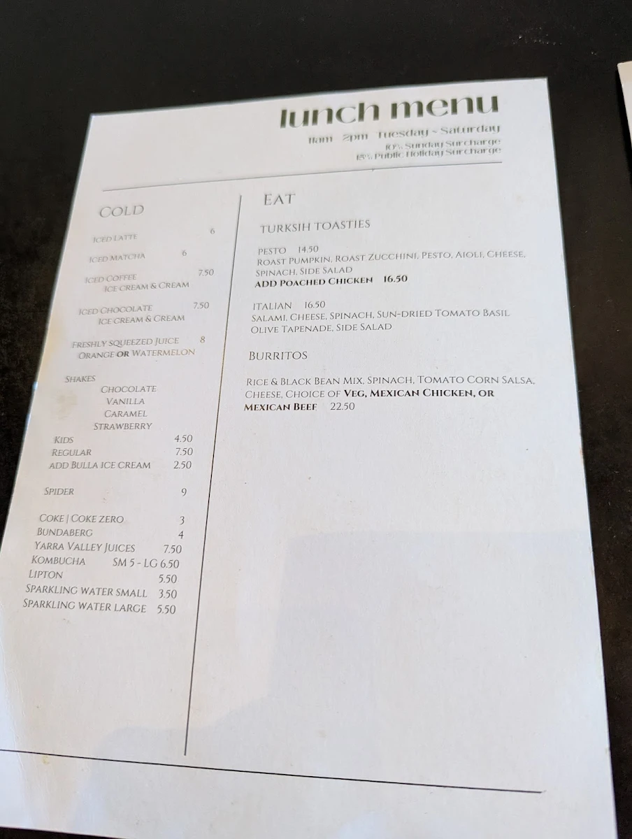 Menu, Butcher Shop Cafe Mudgee