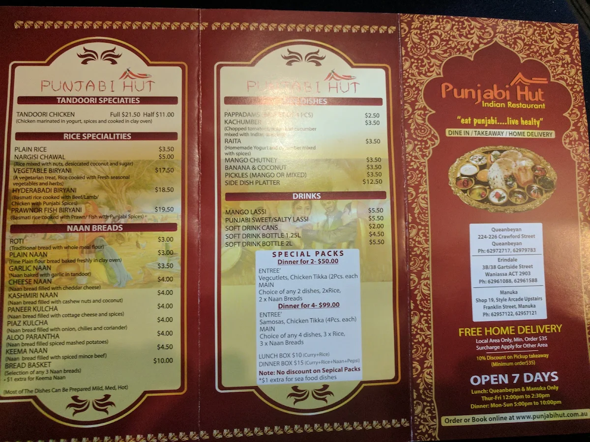 Menu, Punjabi Hut Indian Restaurant