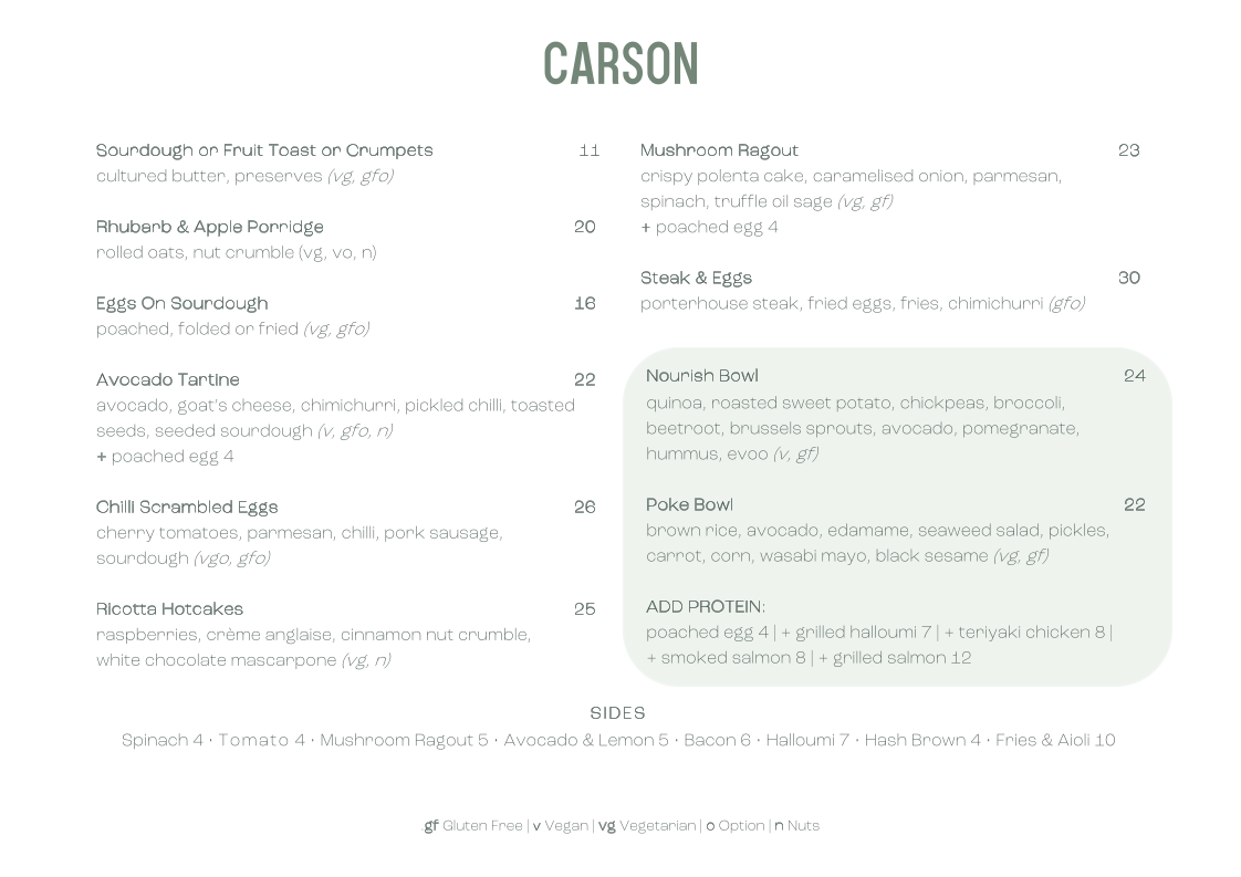 Menu, Carson